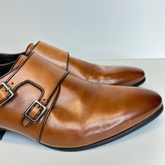 Stacy Adams Mens Cognac Burnished Calfskin Plain Toe Double Monk Strap Shoes 9.5 - Picture 7 of 14